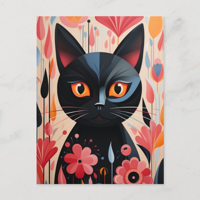 Black Cat Pink Flowers Postcard (Front)
