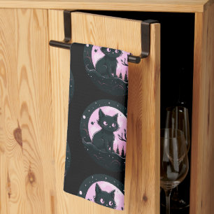 Black Cat Pink Full Moon Celestial Black Halloween Tea Towel