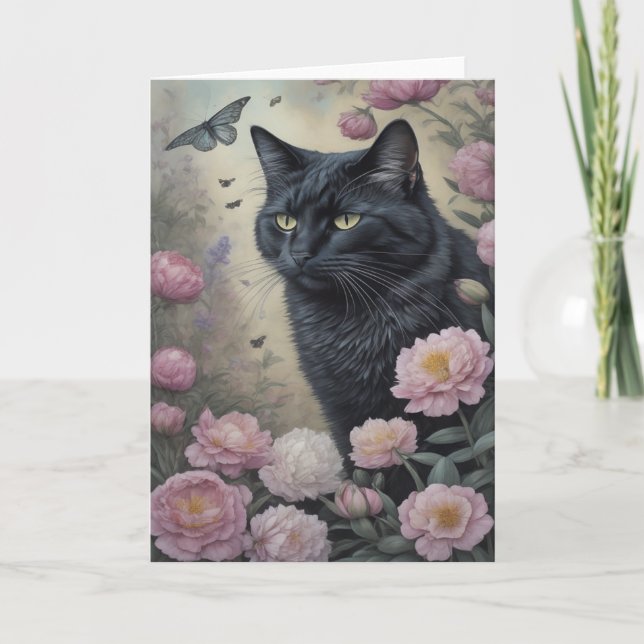 Black cat pink peonies flowers floral  thank you card (Front)