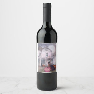 Black Cat Pink Pumpkin & Haunted House Halloween Wine Label