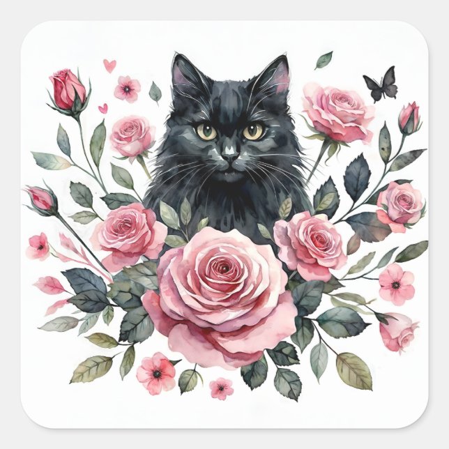 Black Cat Pink Roses Watercolor  Square Sticker (Front)