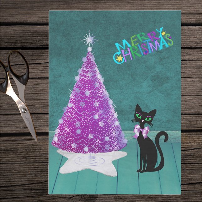 Black Cat Pink Silver Tree Colourful Christmas Tissue Paper (Pink silver tree pretty black cat with bow on Merry Christmas teal coloured tissue paper.)