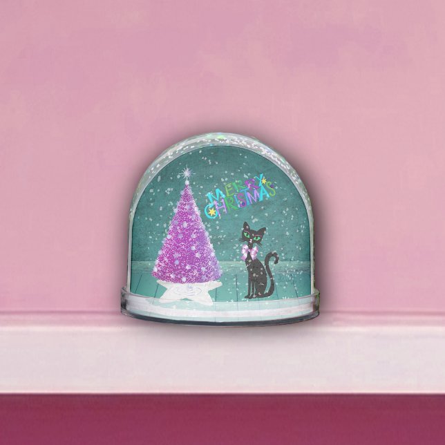 Black Cat Pink Sparkling Christmas Tree Teal Room Snowglobe (Pretty black cat pink silver sparkle tree Colourful Merry Christmas in teal room on snowglobe.)