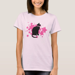 Black cat pink stars T-Shirt