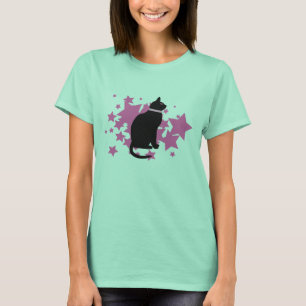 Black cat pink stars T-Shirt