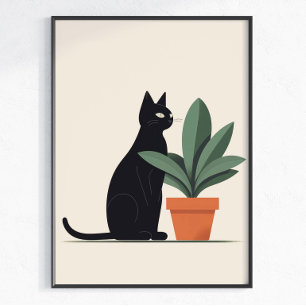 Black Cat Plant Wall Art Minimalist Cat Poster Mod
