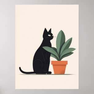 Black Cat Plant Wall Art Minimalist Cat Poster Mod