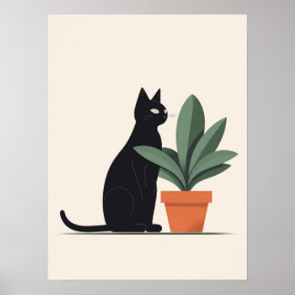 Black Cat Plant Wall Art Minimalist Cat Poster Mod