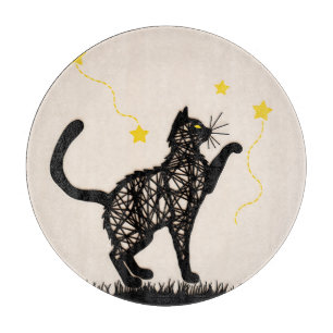 Black Cat Playful Stars Illustration Cutting Board