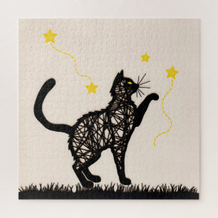 Black Cat Playful Stars Illustration Jigsaw Puzzle