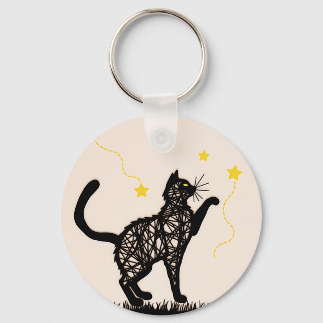 Black Cat Playful Stars Illustration Key Ring (Front)