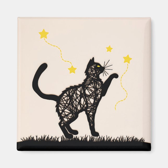 Black Cat Playful Stars Illustration Magnet (Front)