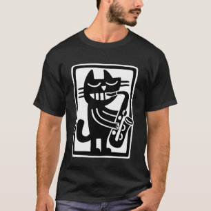 Black Cat Playing Saxophone Jazz Music Retro Art T-Shirt