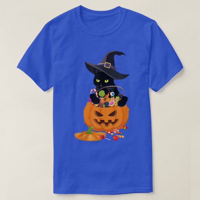Black Cat Playing With Jack O Lantern Pumpkin Hall T-Shirt (Design Front)
