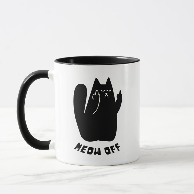 Black Cat pointing middle finger and says meow off Mug (Left)