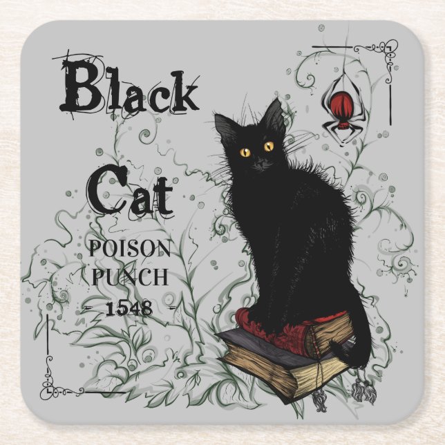 Black Cat Poison Punch Halloween Square Paper Coaster (Front)