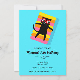 Black Cat Pool Party Birthday Invitation