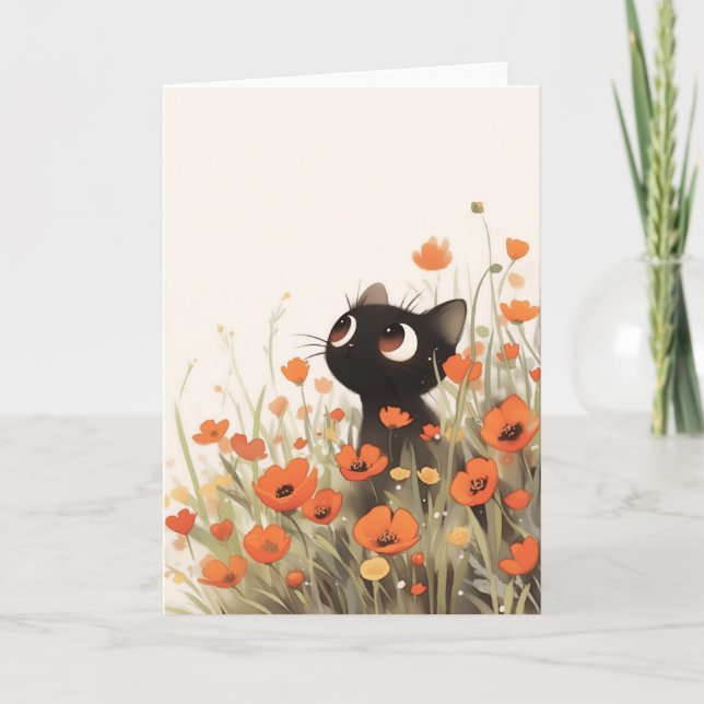 Black Cat Poppy Meadow Card (Front)