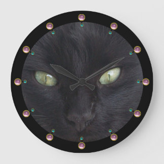 BLACK CAT PORTRAIT WITH EMERALD EYES,Pink Gemstone Large Clock
