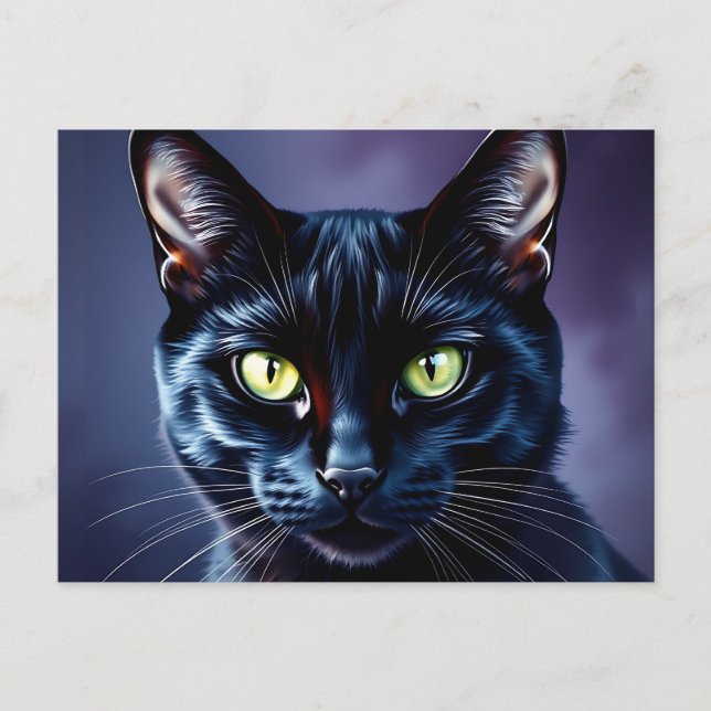 Black Cat Portrait with Green Eyes Postcard (Front)