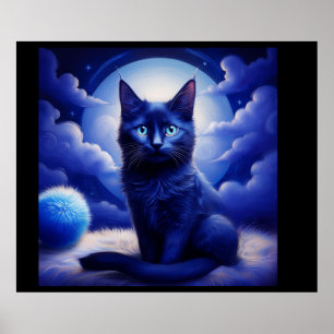 Black Cat Posing In Front Of Moon And White Clouds Poster