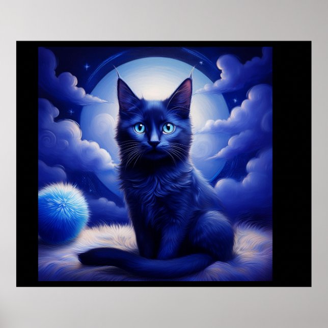 Black Cat Posing In Front Of Moon And White Clouds Poster (Front)