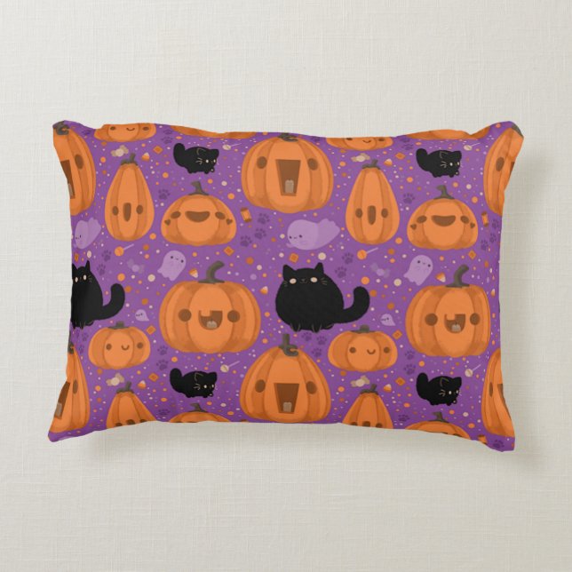 Black cat Pumpkin and Ghost Pattern Decorative Cushion (Back)