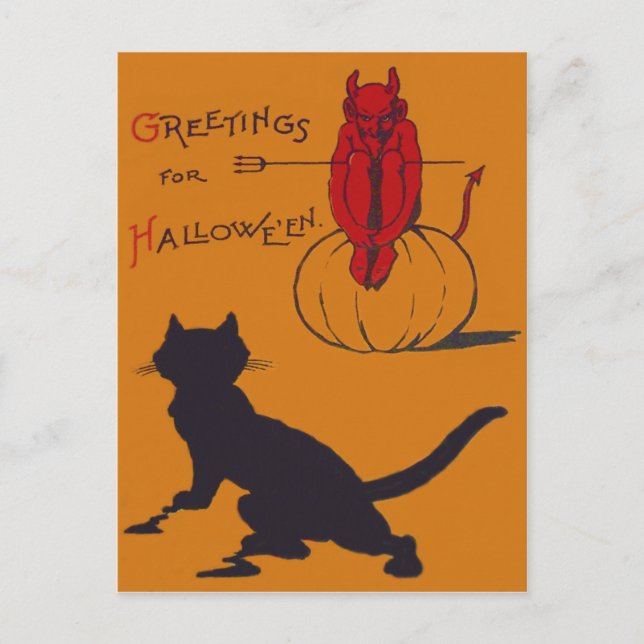 Black Cat Pumpkin Devil Demon Pitchfork Postcard (Front)