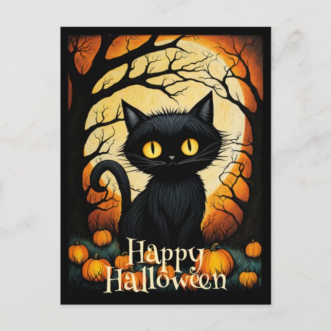Black Cat Pumpkin Forest Happy Halloween  Postcard (Front)
