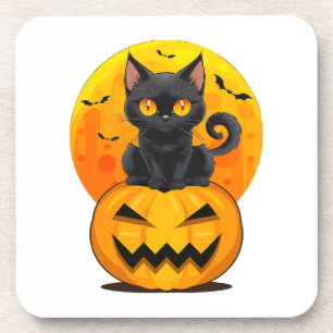 Black Cat Pumpkin Halloween Costume Coaster