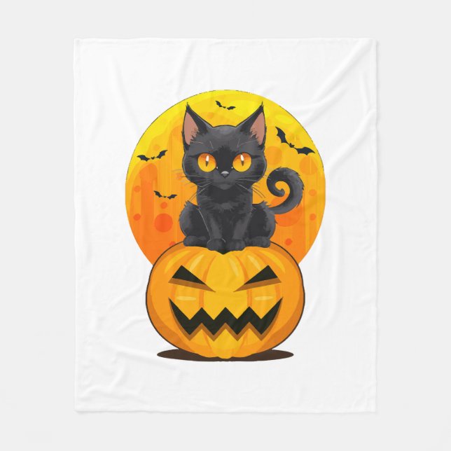 Black Cat Pumpkin Halloween Costume Fleece Blanket (Front)