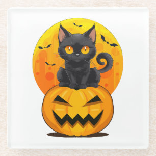Black Cat Pumpkin Halloween Costume Glass Coaster