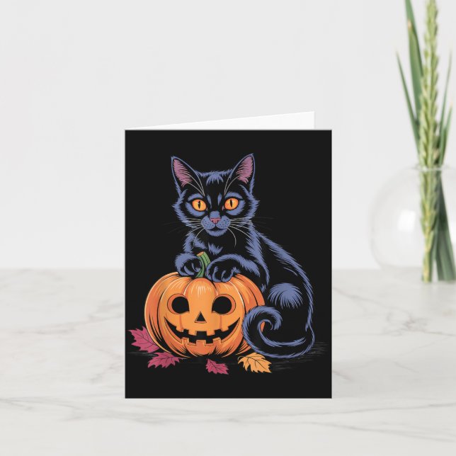 Black Cat Pumpkin Halloween Costume Retro Fall Card (Front)