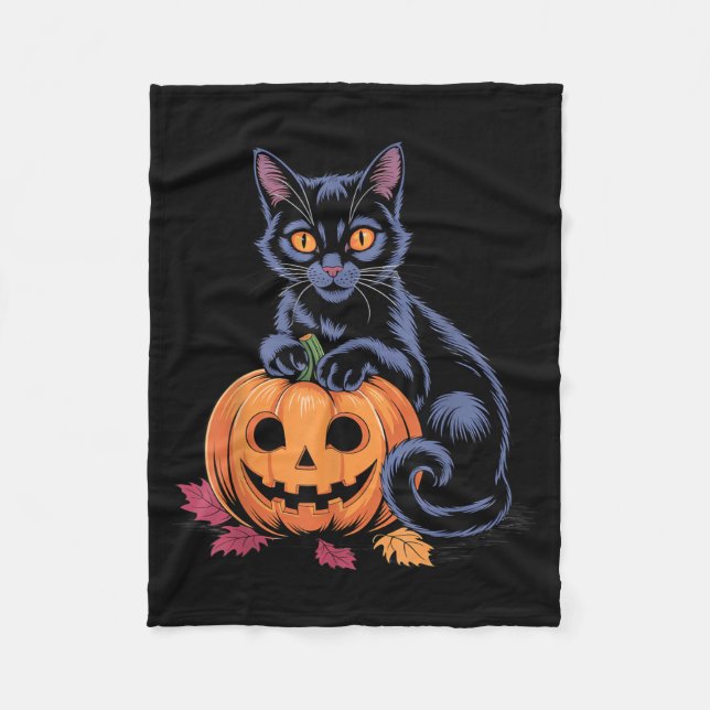 Black Cat Pumpkin Halloween Costume Retro Fall Fleece Blanket (Front)
