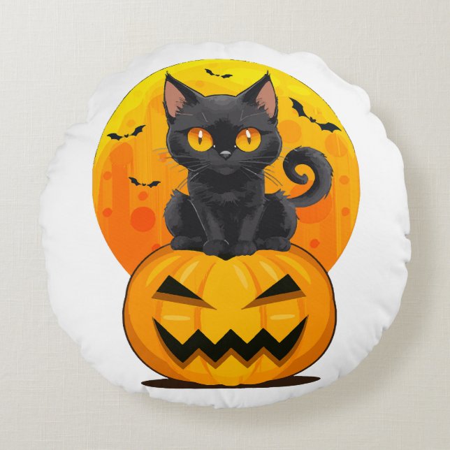 Black Cat Pumpkin Halloween Costume  Round Cushion (Front)