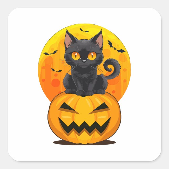 Black Cat Pumpkin Halloween Costume Square Sticker (Front)