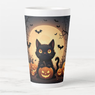 Black Cat Pumpkin Halloween Moon Night 🐈⬛ Latte Mug