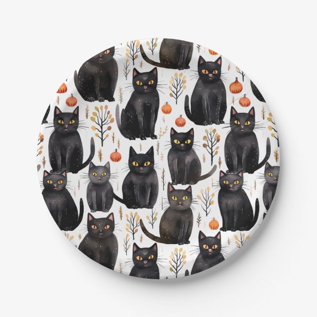 Black Cat Pumpkin Halloween Paper Plate (Front)