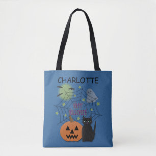 Black Cat & Pumpkin Halloween Trick or Treat Tote Bag