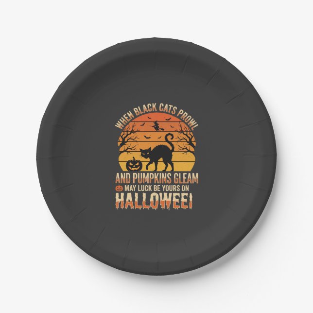 Black Cat Pumpkin Halloween Vector Design Paper Plate (Front)