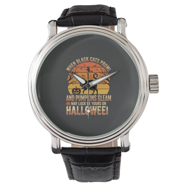 Black Cat Pumpkin Halloween Vector Design Watch (Front)