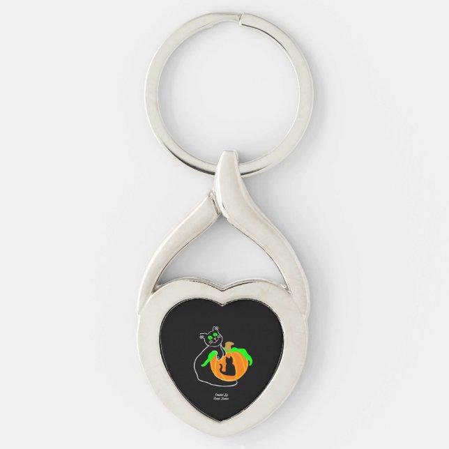 Black Cat Pumpkin Heart Metal Keychain (Front)