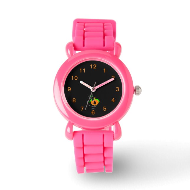 Black Cat Pumpkin Kid's Pink Glitter Strap Watch (Front)