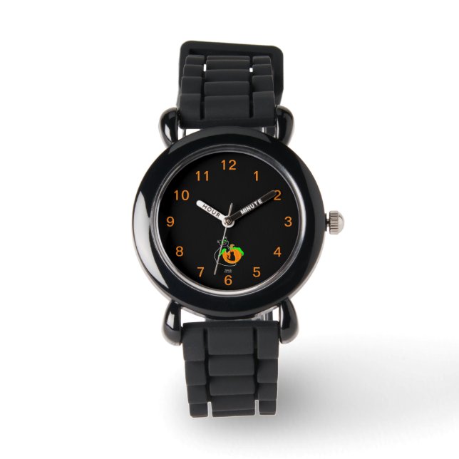 Black Cat Pumpkin Kid's Silver Glitter Strap Watch (Front)