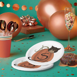 Black Cat Pumpkin Letter S Halloween Paper Plate