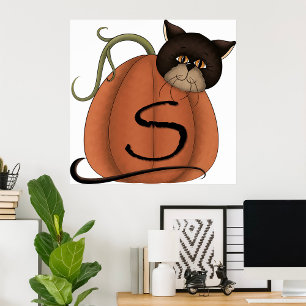 Black Cat Pumpkin Letter S Halloween Poster