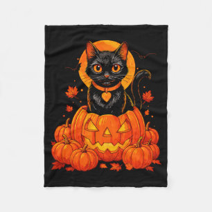 Black Cat Pumpkin Moon Halloween Autumn Fall Fleece Blanket