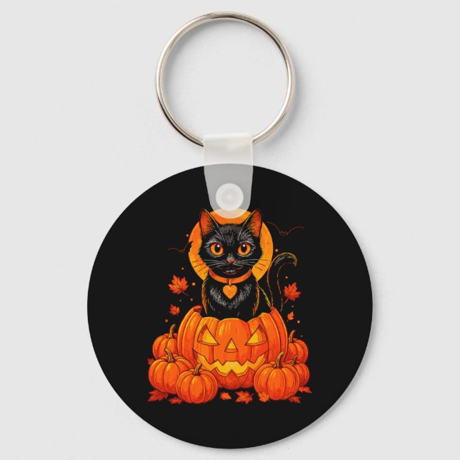 Black Cat Pumpkin Moon Halloween Autumn Fall Key Ring (Front)