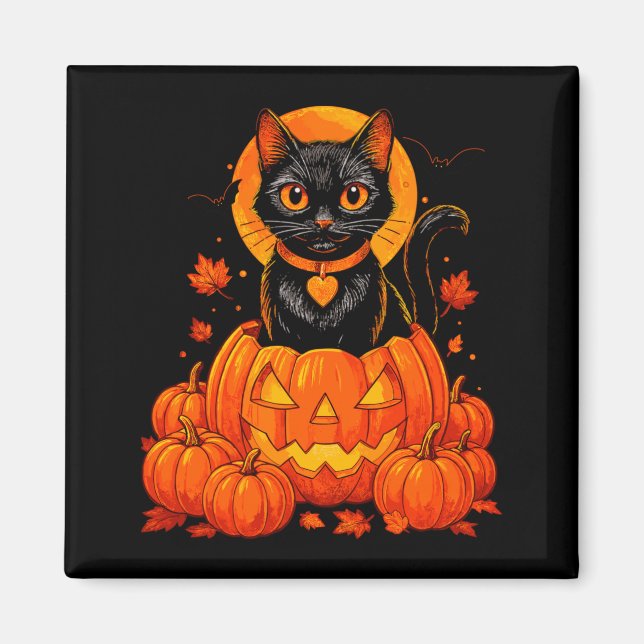 Black Cat Pumpkin Moon Halloween Autumn Fall Magnet (Front)