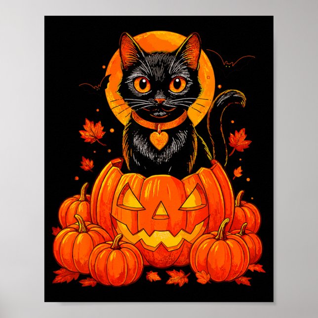 Black Cat Pumpkin Moon Halloween Autumn Fall Poster (Front)